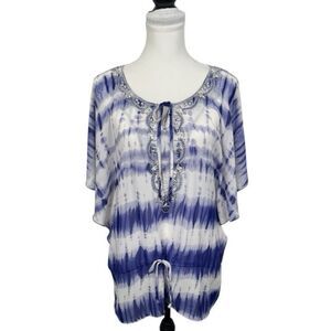 MUSHKA BY SIENNA ROSE Blouse Sz XL Purple & White Beaded Sheer Tie 3/4 Sleeve